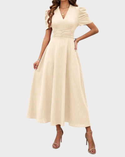 Melanie | Midi Dress with V-Neck and Puff Sleeves