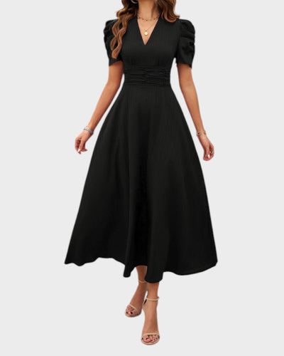 Melanie | Midi Dress with V-Neck and Puff Sleeves