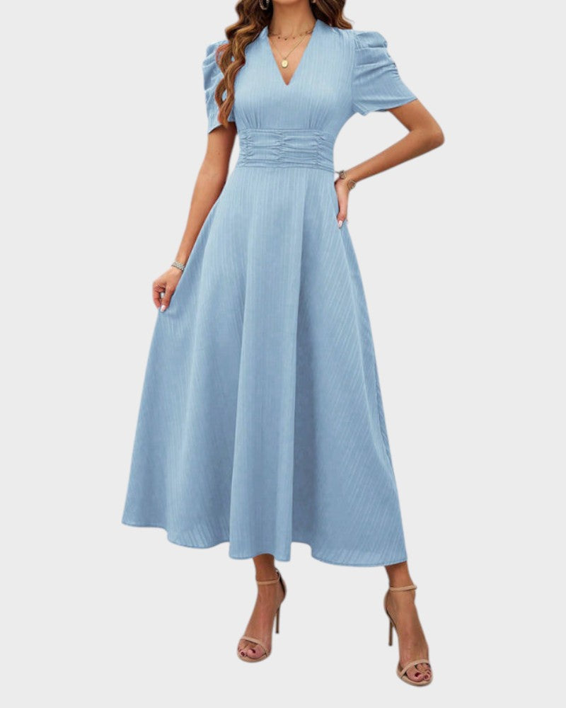 Melanie | Midi Dress with V-Neck and Puff Sleeves