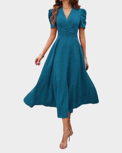 Melanie | Midi Dress with V-Neck and Puff Sleeves