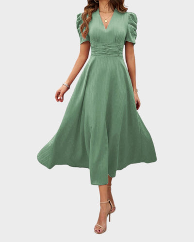 Melanie | Midi Dress with V-Neck and Puff Sleeves