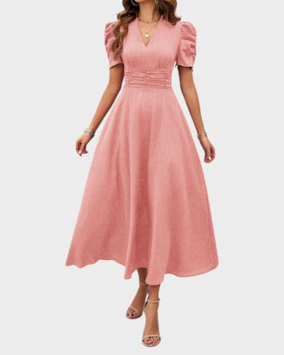 Melanie | Midi Dress with V-Neck and Puff Sleeves